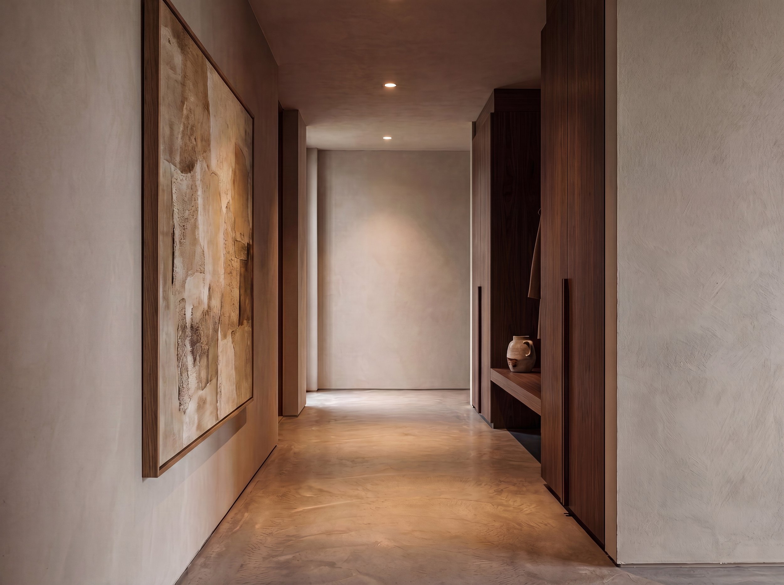 Ein moderner Flur mit Holzboden, Holzpaneelen an den Wänden und einer Wanddekoration aus abstrakten Mustern. Das Licht ist warm und dezent, mit Deckenleuchten, die den Raum sanft beleuchten.