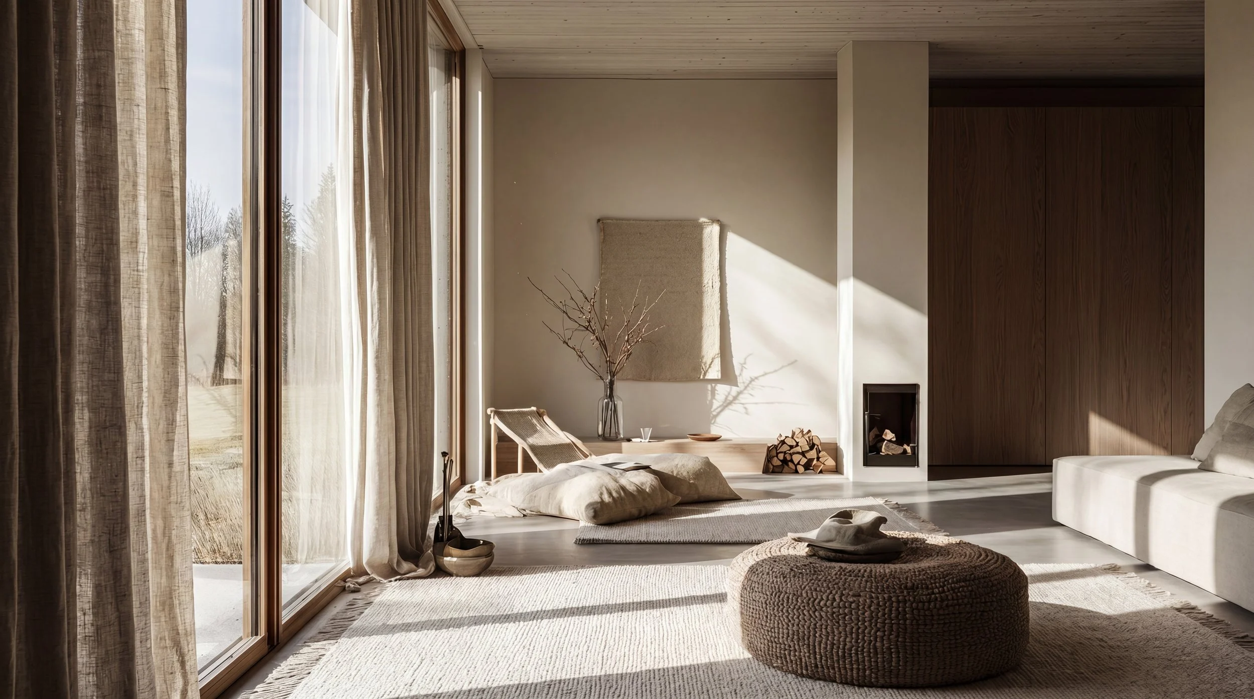 Wohnzimmer mit Kaminfeuer, raumhohen Fenstern und Naturmaterialien in Ivory — Interior Design von Jeseva