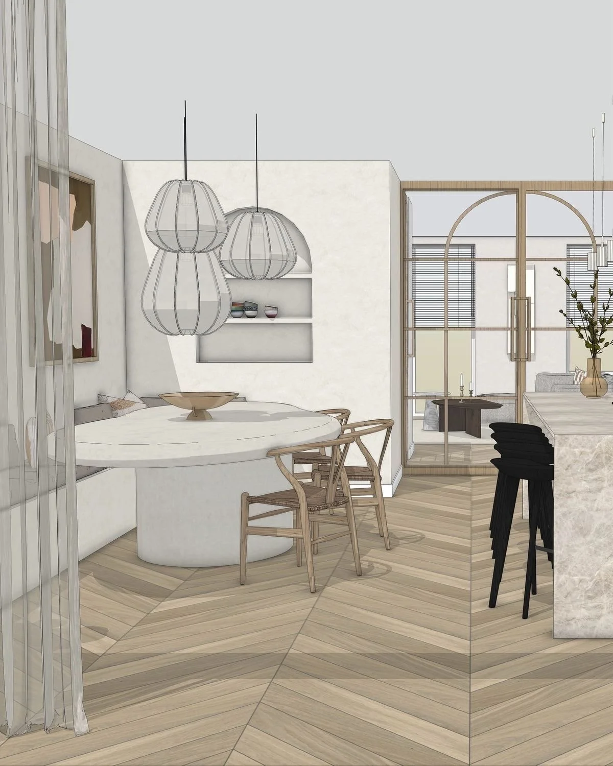 3D-Visualisierung eines Ess- und Küchenbereichs — Designkonzept von Jeseva