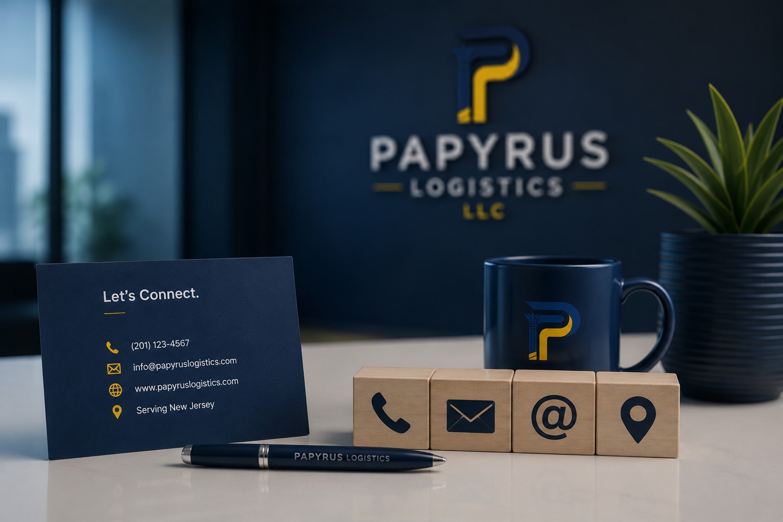 Business office desk with Papyus Logistics branding, including contact info on a navy card, wooden blocks with icons for phone, email, at symbol, and location, a navy mug with logo, and a potted plant.