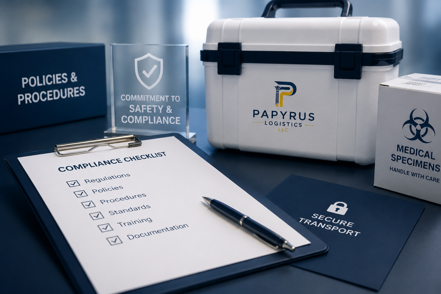 Logistics and compliance items on a desk, including a compliance checklist, a pen, a secure transport pouch, a medical specimens box, an acrylic sign for safety and compliance, a policy and procedures storage box, and a cooler with the Papyrus Logistics LLC logo.