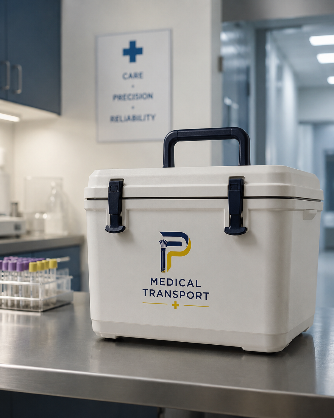 A white medical transport cooler with a handle and black clips, sitting on a countertop in a medical facility. The cooler has a logo with a stylized letter 'P' and the words 'Medical Transport' below. In the background, there is a sign that reads 'Care, Precision, Reliability' with a blue cross symbol.