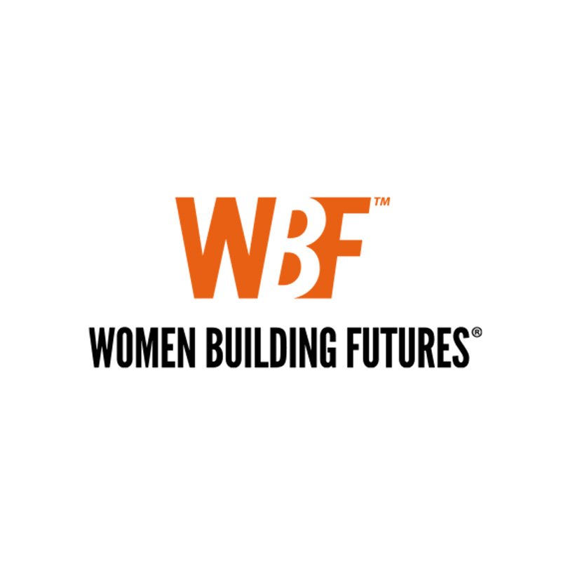 Logo of Women Building Futures with orange 'WBF' and black text beneath that reads 'Women Building Futures'.