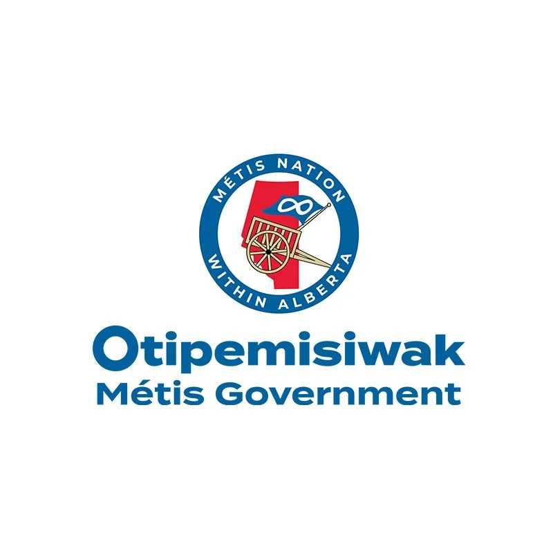 Logo of Métis Nation within Alberta featuring a red background with a blue and white feather, a cannon, and a circular blue border with the text 'Métis Nation within Alberta.' Below, the word ' Otipemiswak' is prominently displayed with 'Métis Govern