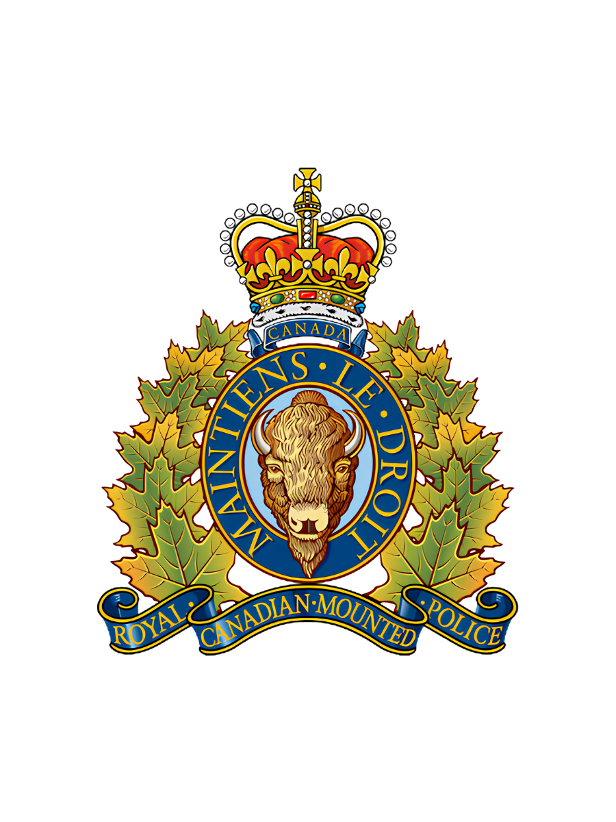 Royal Canadian Mounted Police badge featuring a lion's head, a crown, and a maple leaf background with a banner reading "Royal Canadian Mounted Police".