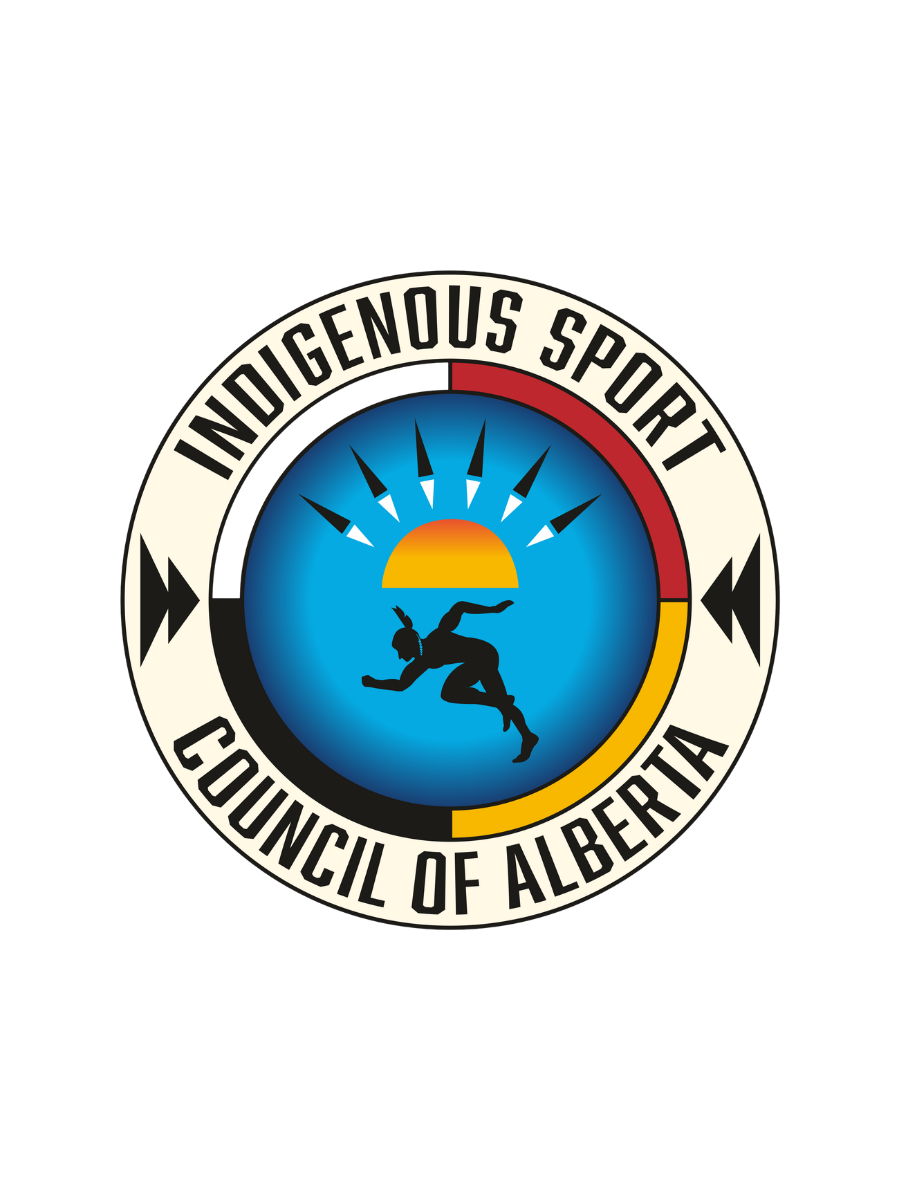 Emblem of the Indigenous Sport Council of Alberta featuring a stylized sun, a running person, and a color wheel with black, white, red, and yellow sections.