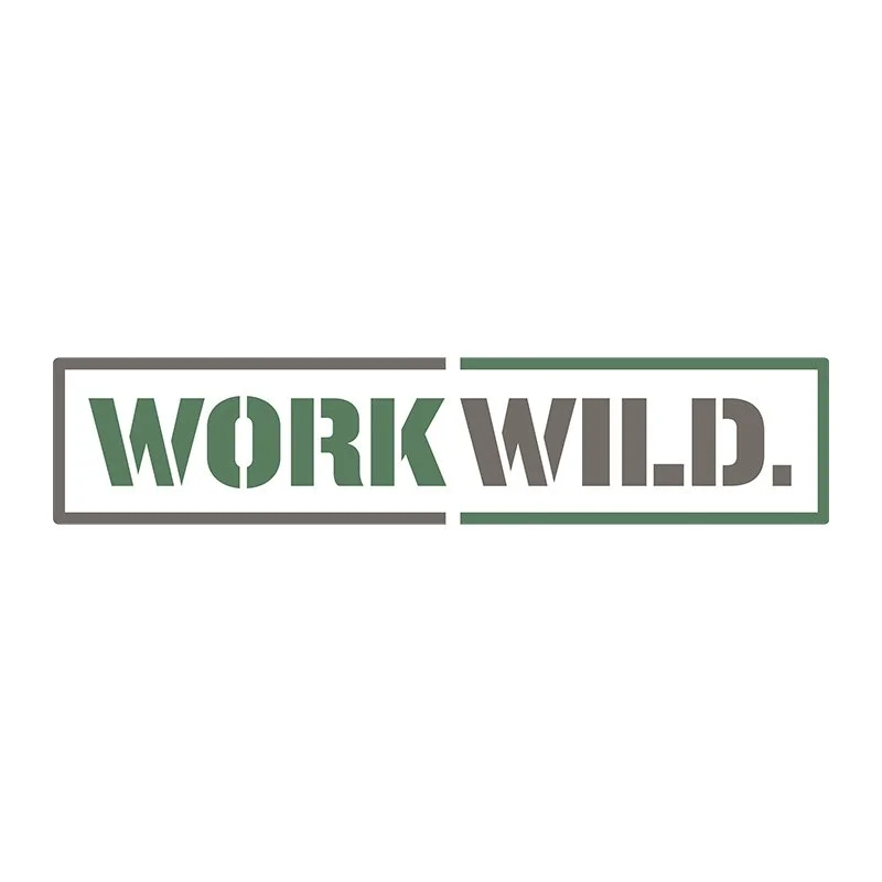 Text reading "Work Wild" with a stylized split color design, where "Work" is in green and black and "Wild" is in gray, enclosed in a rectangular border.