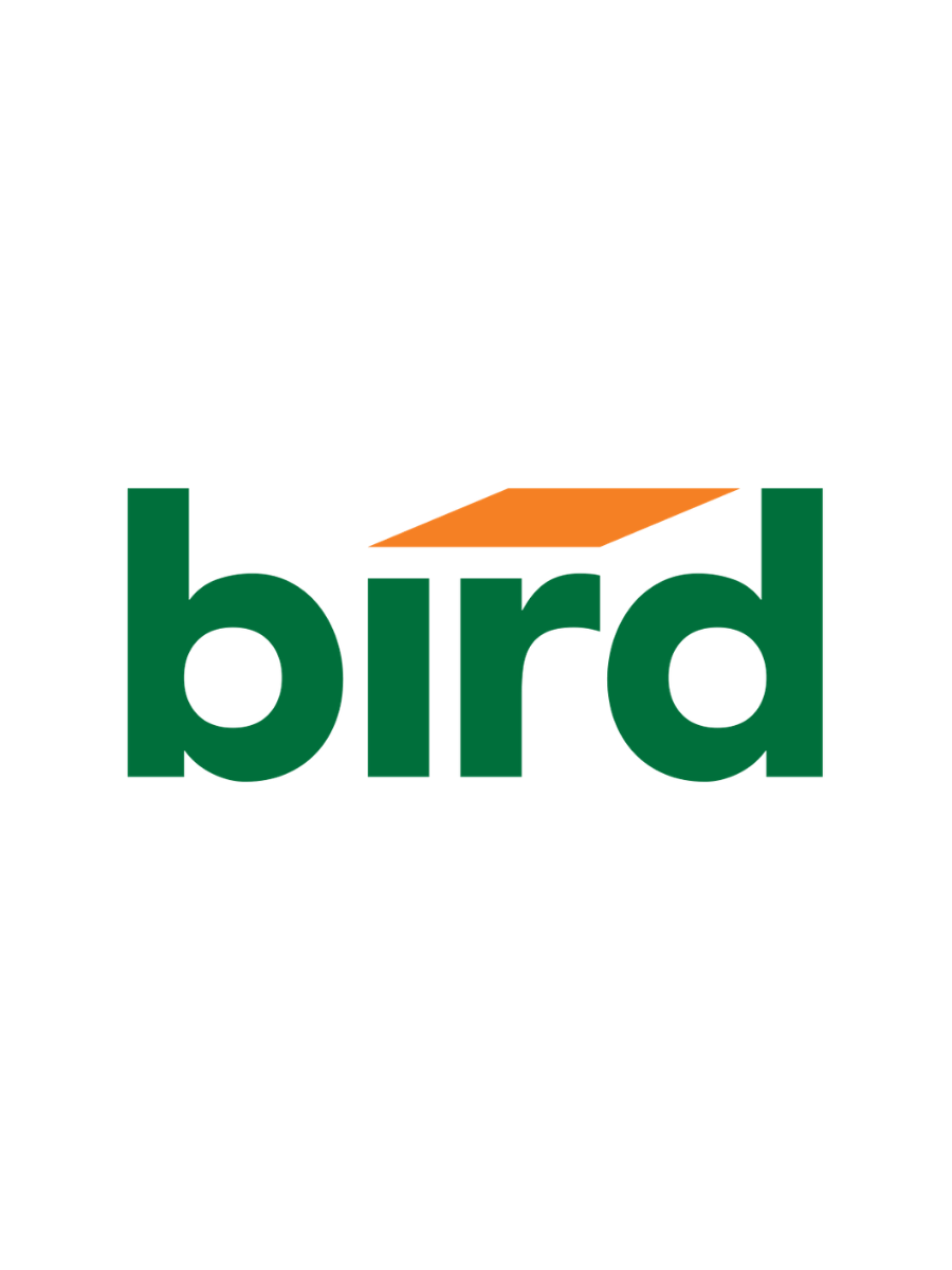 The word 'bird' in large green letters with an orange beak shape above the letter 'i'.