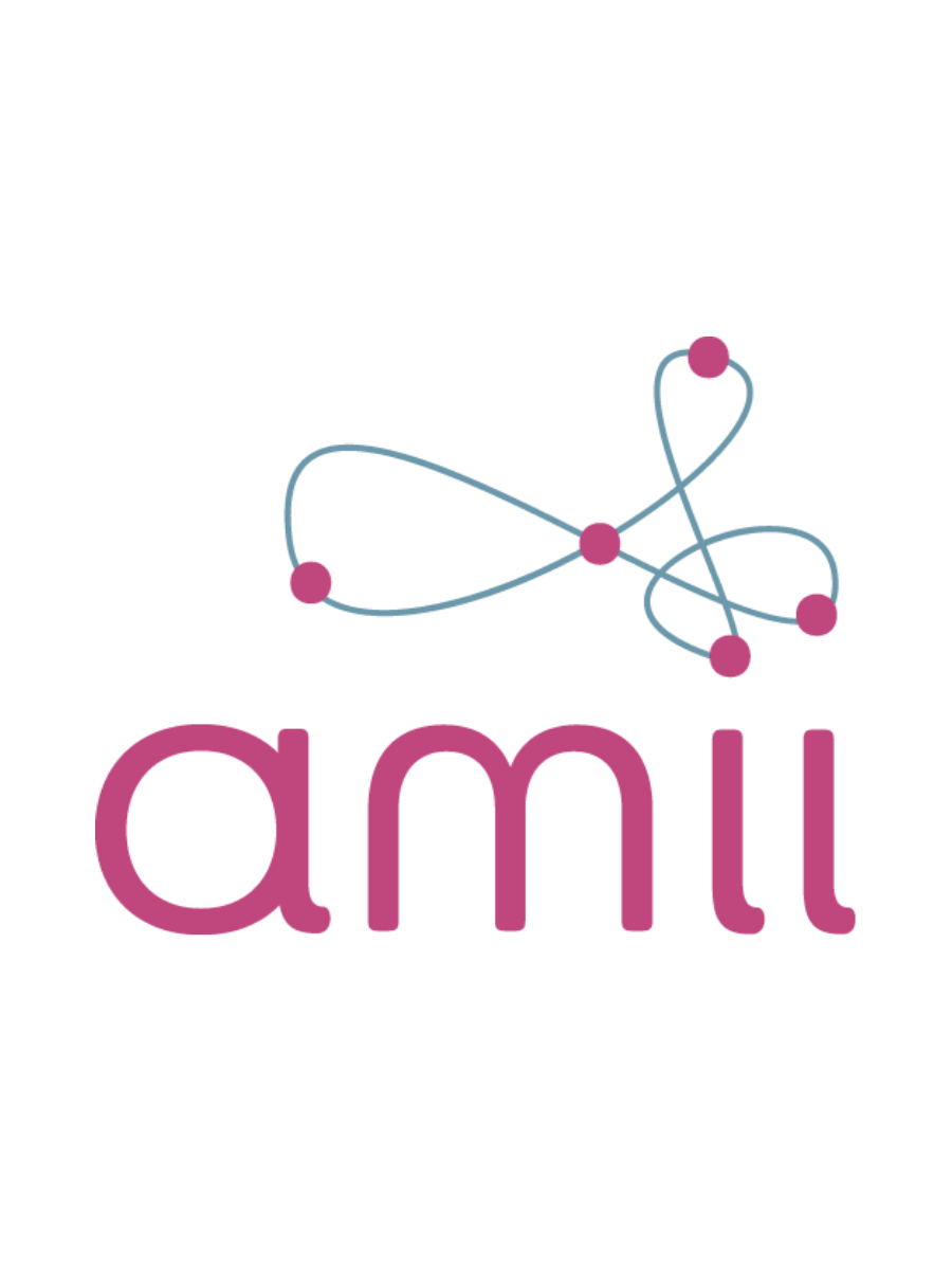 A scientific illustration with an atomic model graphic and the word 'ami' in pink lowercase letters.