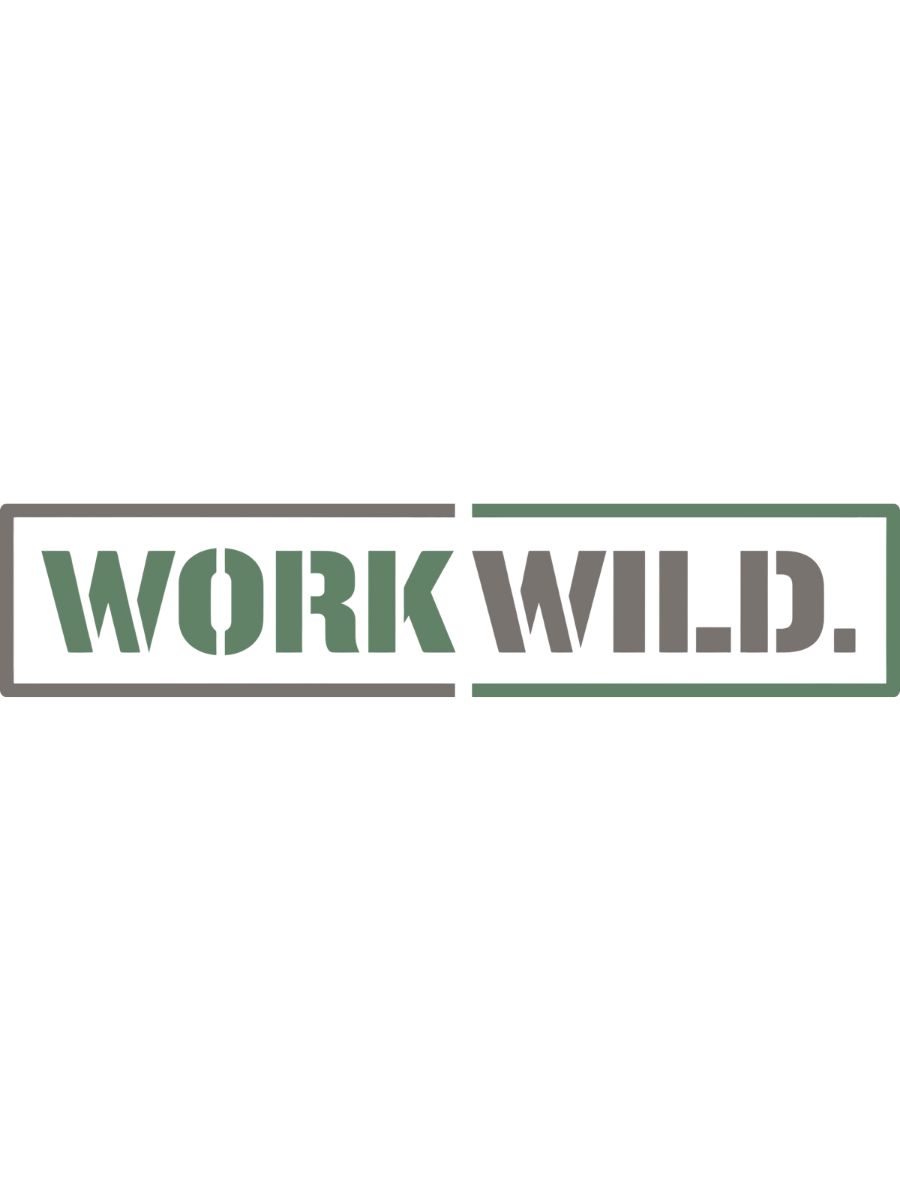 The phrase 'WORK WILD' with 'WORK' in green and 'WILD' in gray, enclosed in a rectangular border with gray and green sections.