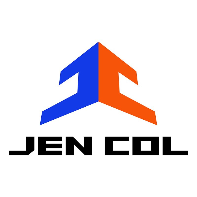 Logo with blue and orange arrows pointing upward above the text 'JEN COL' in black block letters.