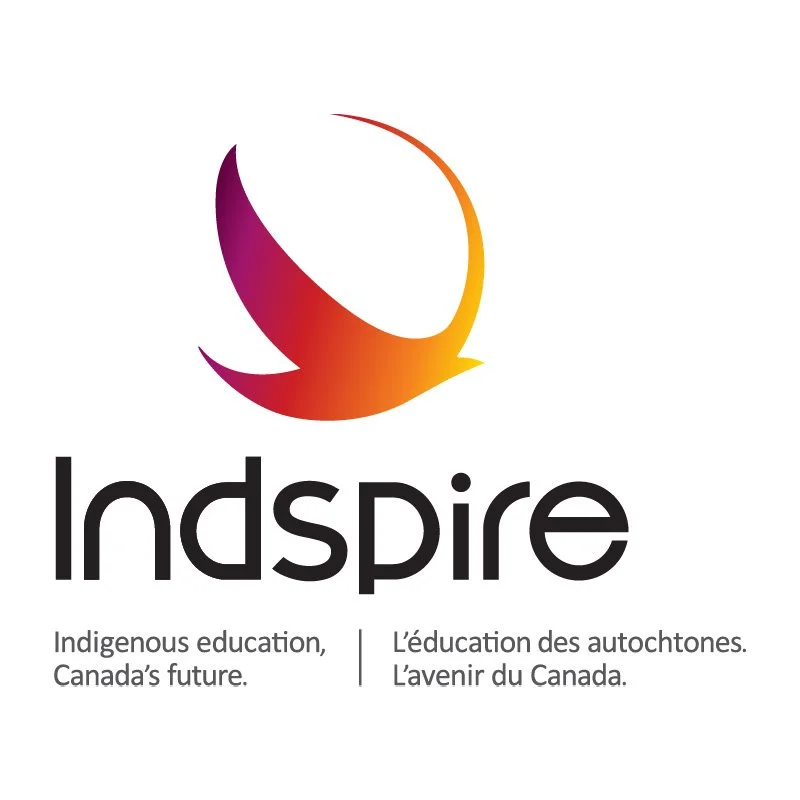 Logo with a stylized, circular flame in purple, red, orange, and yellow, above the word 'Indspire' in bold black letters. Beneath are the phrases 'Indigenous education, Canada’s future' and the French translation 'L’éducation des autochtones. L’aveni