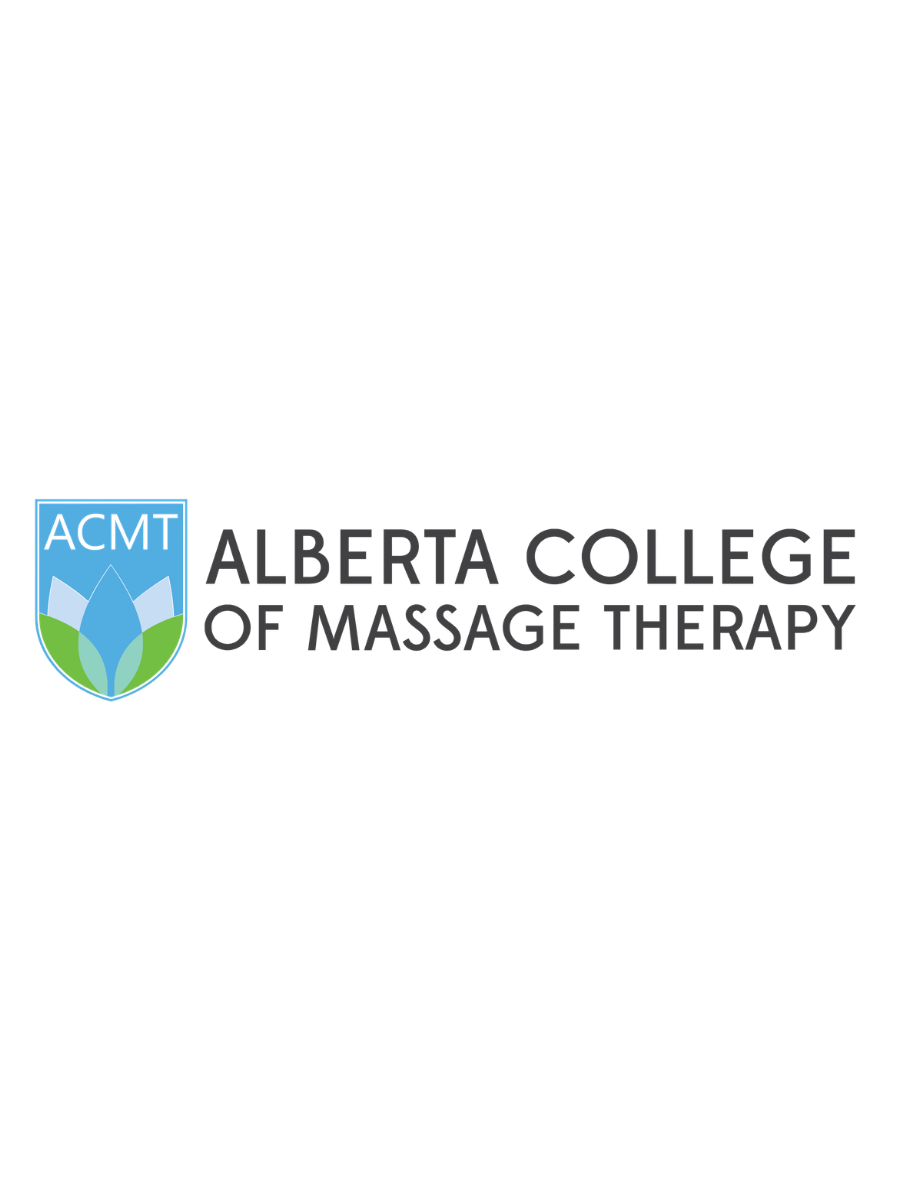 Logo of Alberta College of Massage Therapy, featuring a shield with a blue and green stylized flower and the text 'ACMT Alberta College of Massage Therapy'.