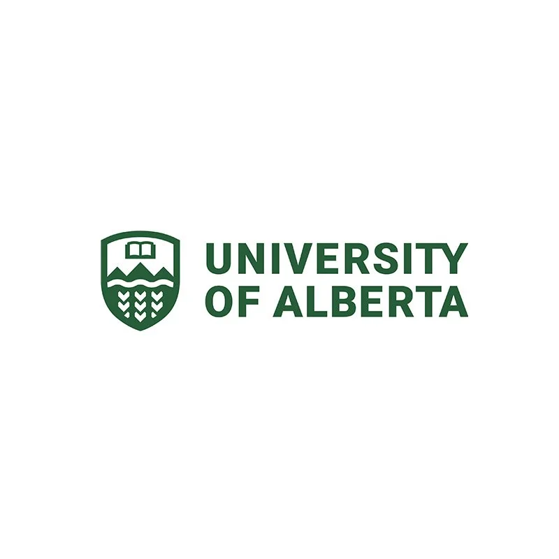 The logo of the University of Alberta featuring a shield with a book, mountains, and wheat symbols, and the university name in green text.