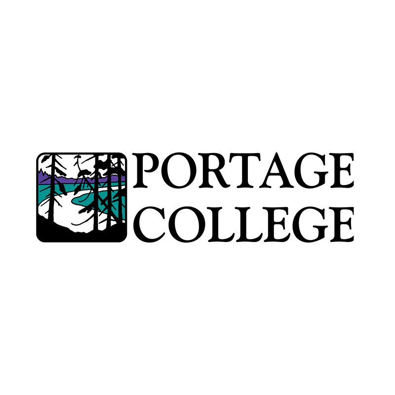 Portage College logo with mountain, lake, and forest illustration.