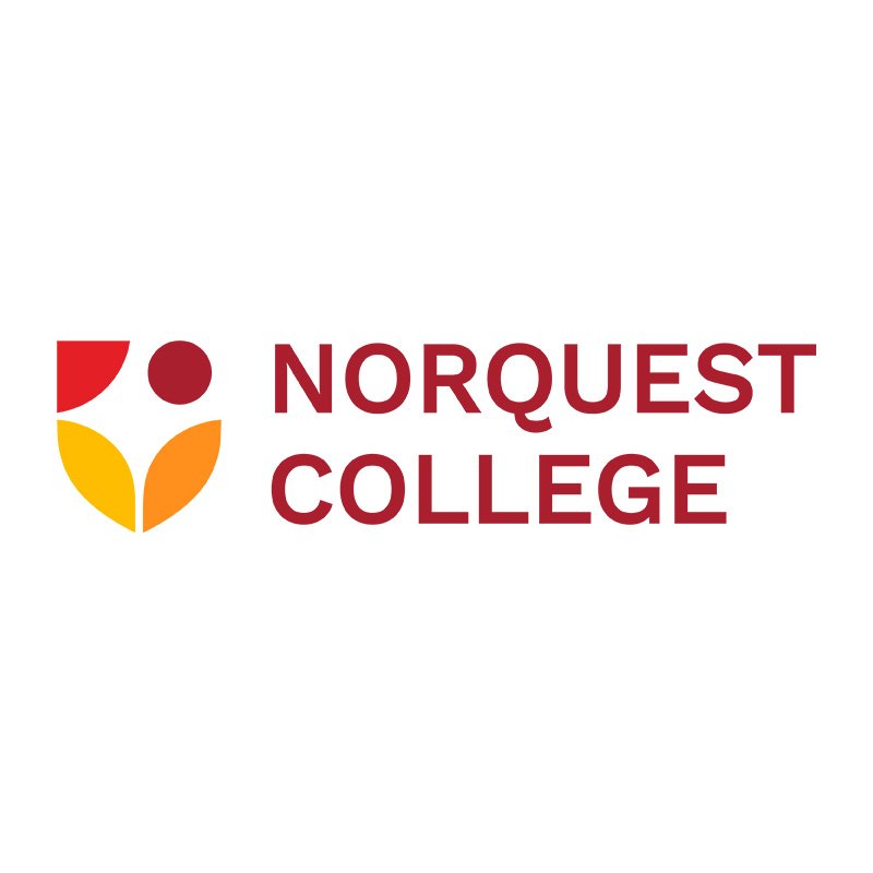 Norquest College logo with abstract symbol and college name in maroon and yellow colors.