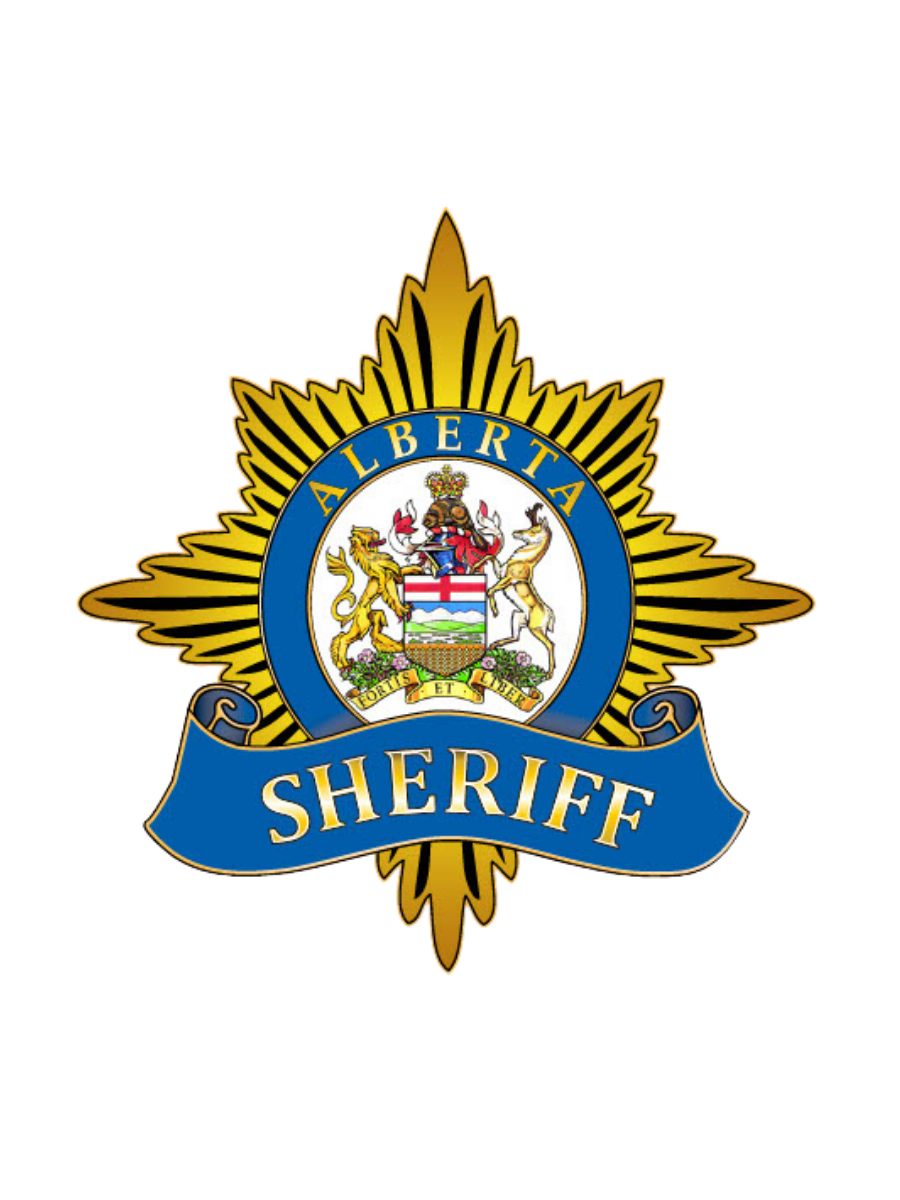 A sheriff badge with the word 'Sheriff' at the bottom and the word 'Alberta' at the top. The badge features a crest with a lion and a unicorn on either side of a shield, topped with a crown, and a banner with the motto 'Fortis et Liber' underneath.