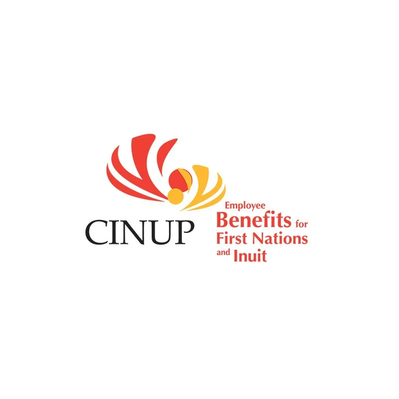 Logo for CINUP with feathers and circular shapes in red and yellow, and text indicating employee benefits for First Nations and Inuit communities.