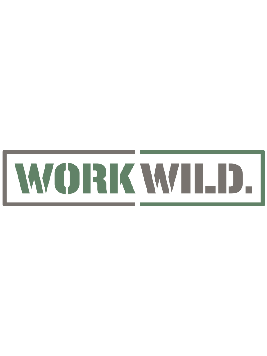 Banner with the phrase 'WORK WILD' in green and gray text on a white background.