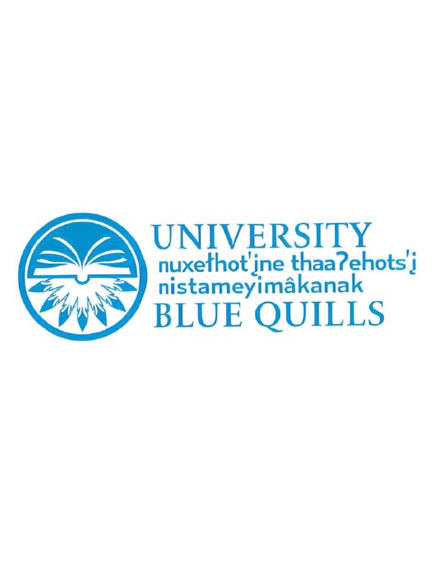 Blue Quills University logo featuring a stylized open book with feathers resembling a bird, along with the university name and motto in Maori, all in blue.