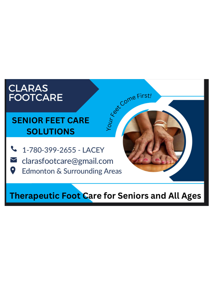 Business card for Claras Footcare, offering senior foot care solutions, with a picture of elderly person's feet and contact information including phone number, email, and location in Edmonton.