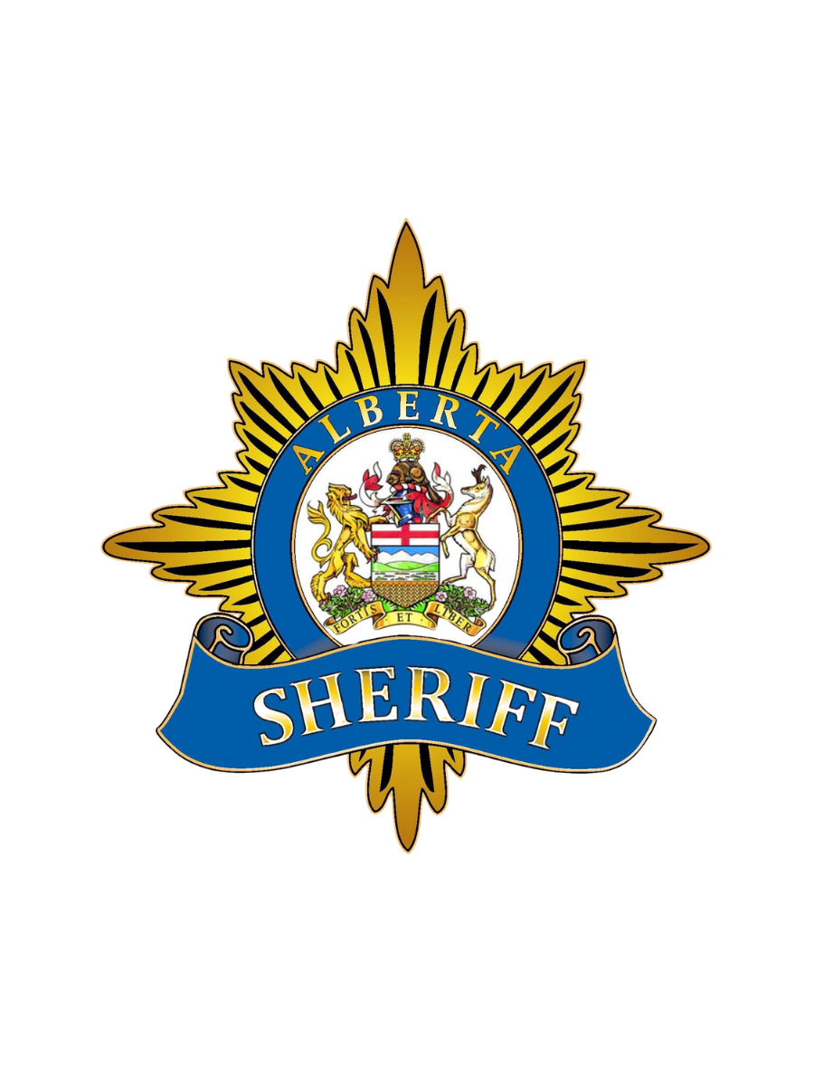 California sheriff badge with a blue ribbon reading 'Sheriff' and a crest with a lion, unicorn, and shield in the center, surrounded by rays.