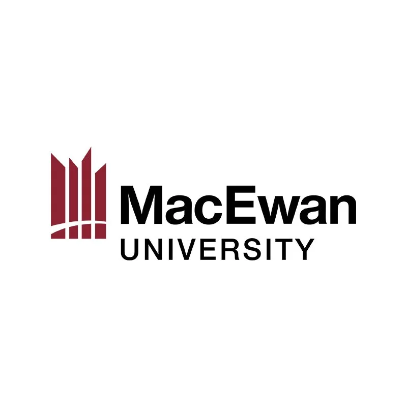 Logo of MacEwan University featuring a stylized maroon emblem and the name in bold black text.