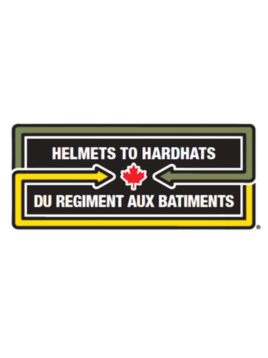 Neon sign with blue and red text reading 'Helmets to Hardhats' and 'Du Regiment Aux Batiments', with a red maple leaf symbol, yellow and gray arrows, and a black background.