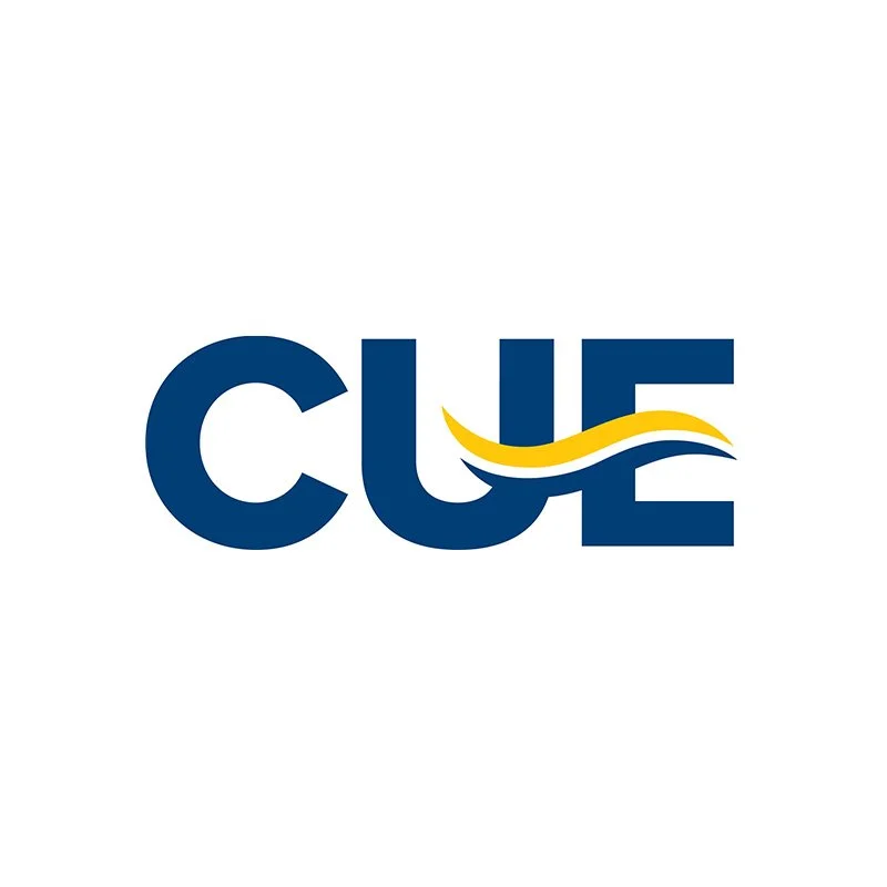 Logo with the acronym 'CUE' in dark blue letters, with a yellow and blue wave design crossing through the letters