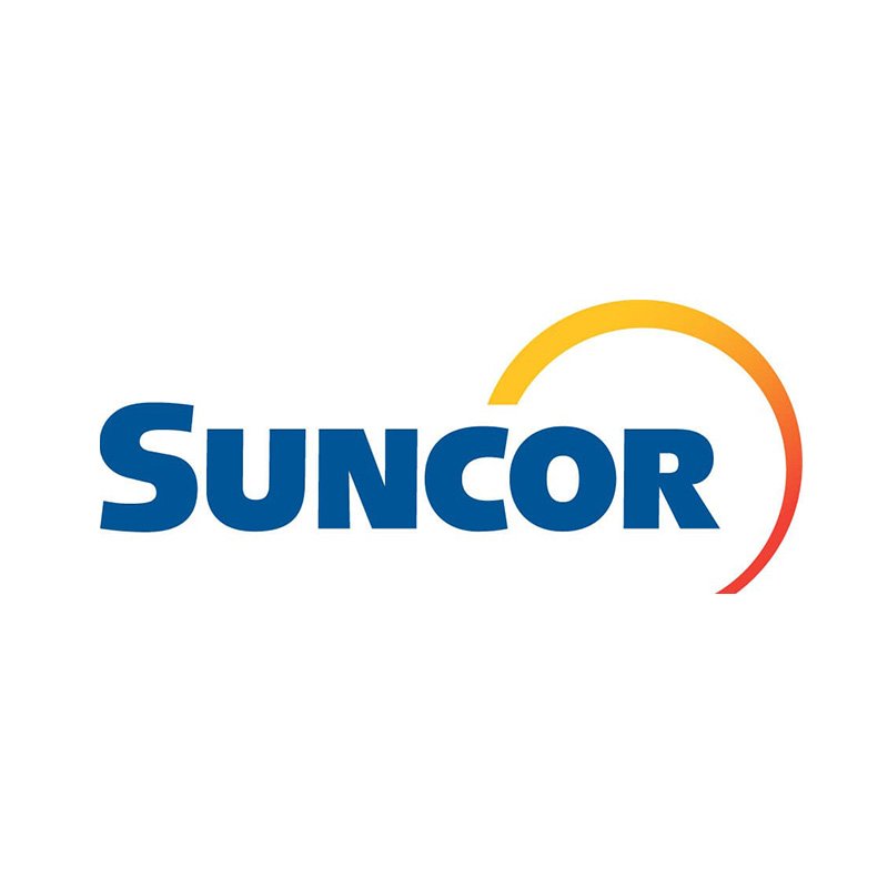 Suncor logo with blue text and a semi-circular gauge with yellow, orange, and red colors