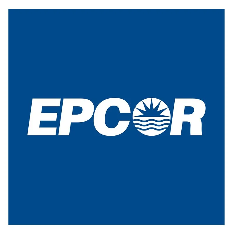 EPCOR logo with blue background, white text, and a circular emblem featuring a sun, waves, and a mountain.