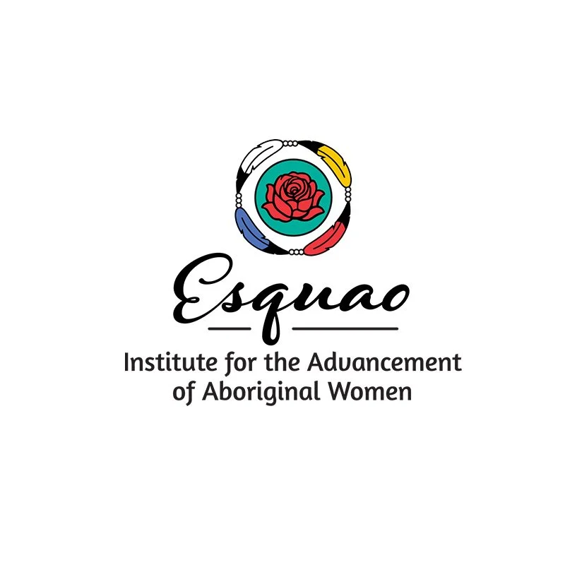 Logo for Esquao, Institute for the Advancement of Aboriginal Women, featuring a red rose at the center within a circular design with colored segments and the text below reading 'Esquao, Institute for the Advancement of Aboriginal Women.'