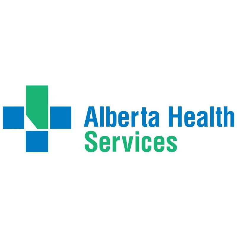 Logo of Alberta Health Services with a cross symbol made of blue and green squares and text in blue and green.