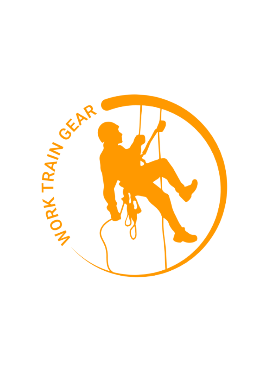 Silhouette of a person climbing a rock wall with ropes, inside an orange circle with the text "Work Trunk Training Gear" around it.