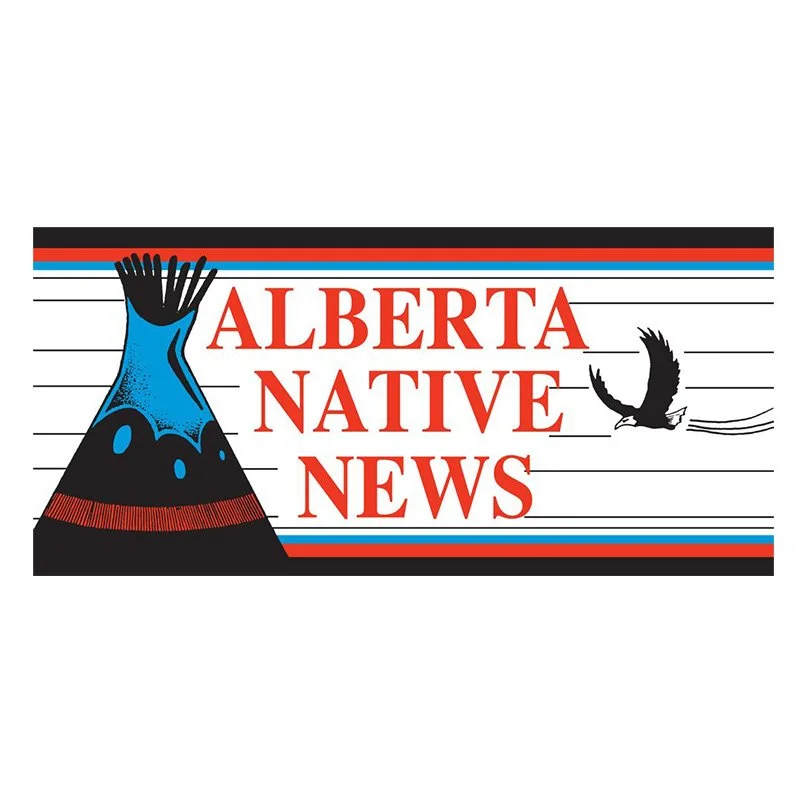 Logo with the words 'Alberta Native News', a stylized mountain with a hand and a bird in flight.