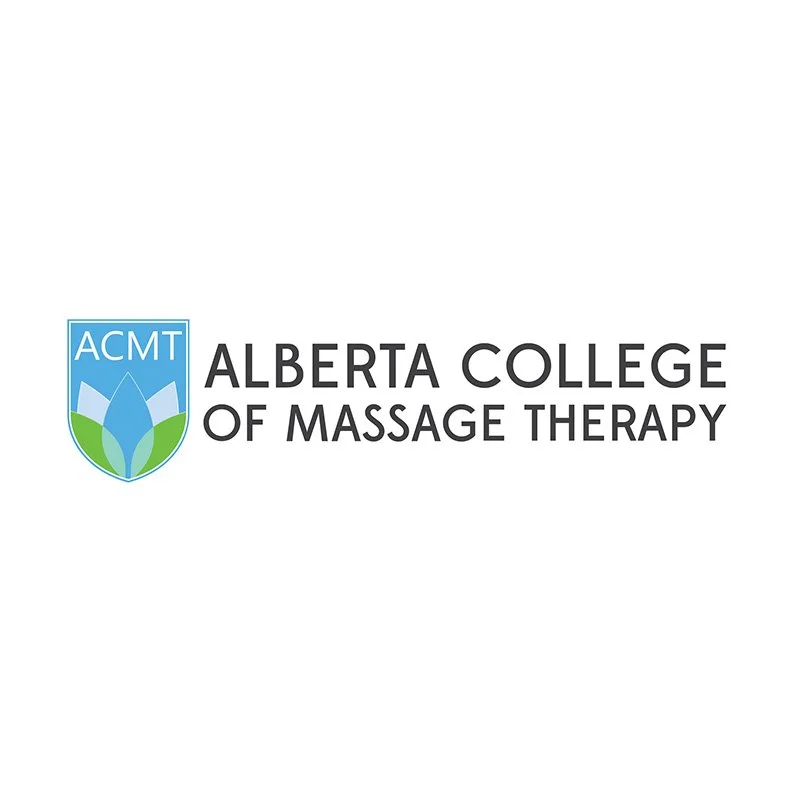 Logo of Alberta College of Massage Therapy with a shield containing a stylized blue and green lotus flower.