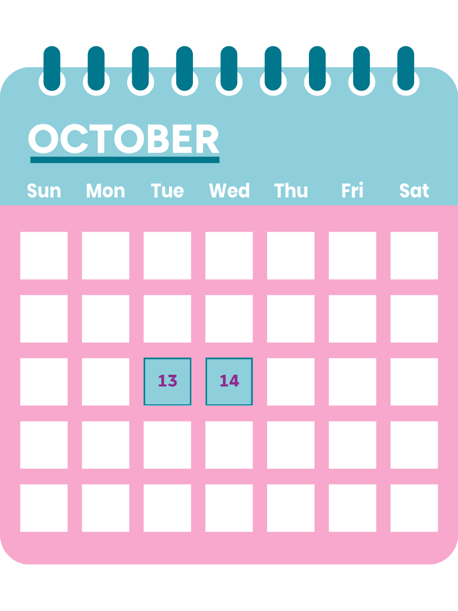 October calendar showing the 13th and 14th marked in blue.