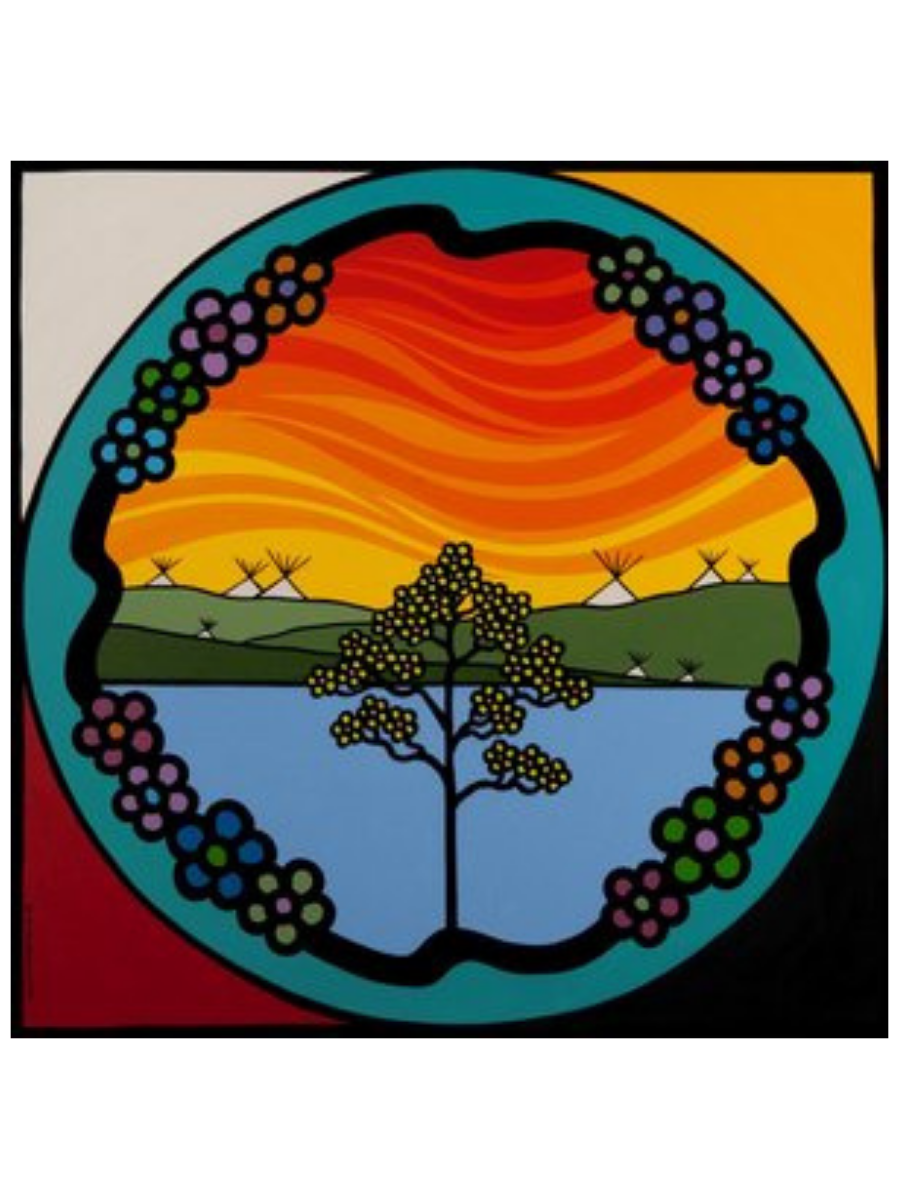 Colorful logo with a tree by a lake, hills, and a sunset, surrounded by a floral border.