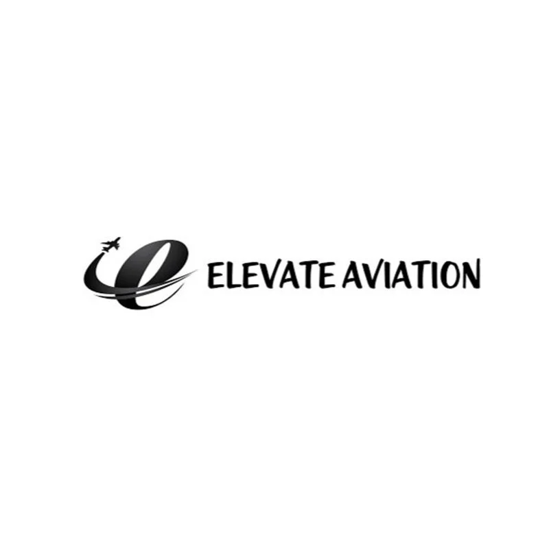 Logo for Elevate Aviation featuring a stylized letter 'E' with an airplane circling it.
