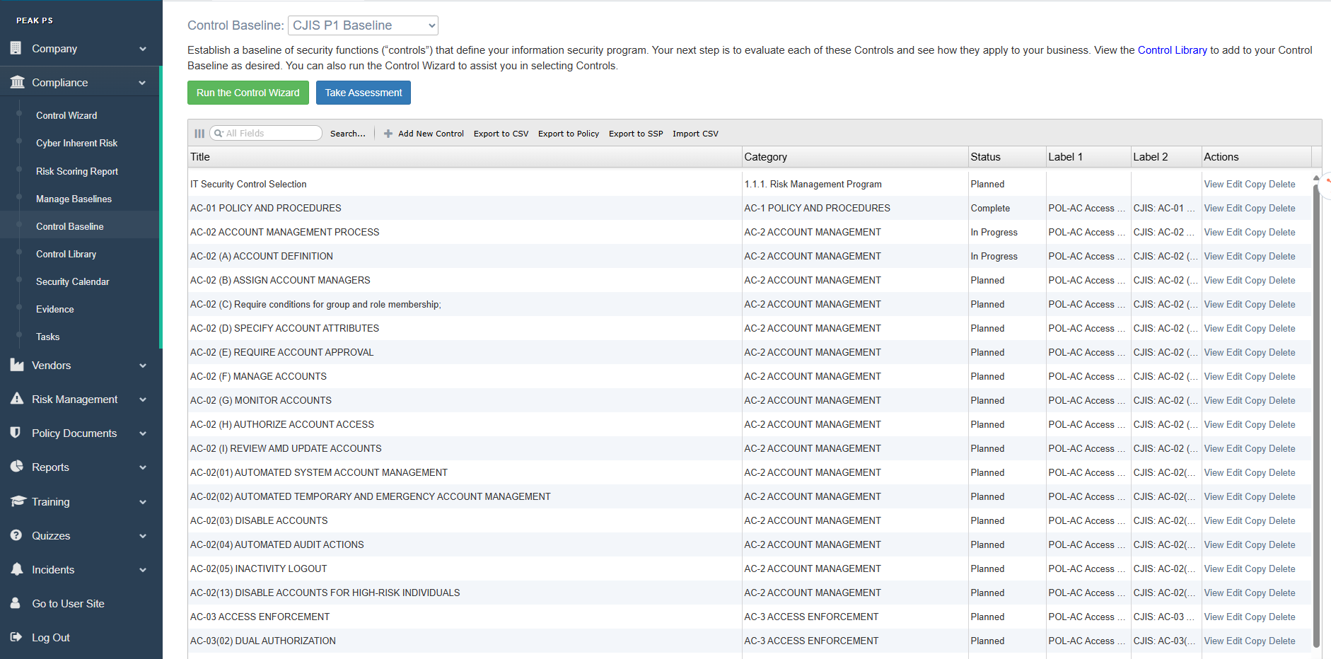 CJIS v6.0 P1 priority controls baseline dashboard in Compliance Shield