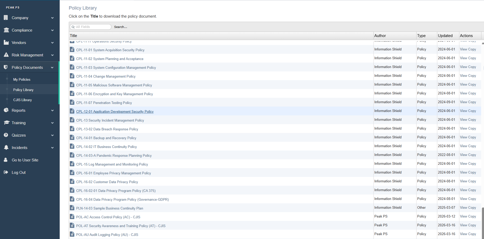 CJIS compliance policy library showing organized policy documents in Compliance Shield