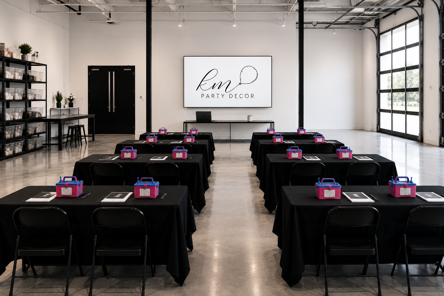 An empty event space set up for a class or workshop, with black tables arranged in rows, each with pink and blue supply boxes, notebooks, and pens, facing a large screen with 'lm Party Decor' on it, and a table with supplies on the left.