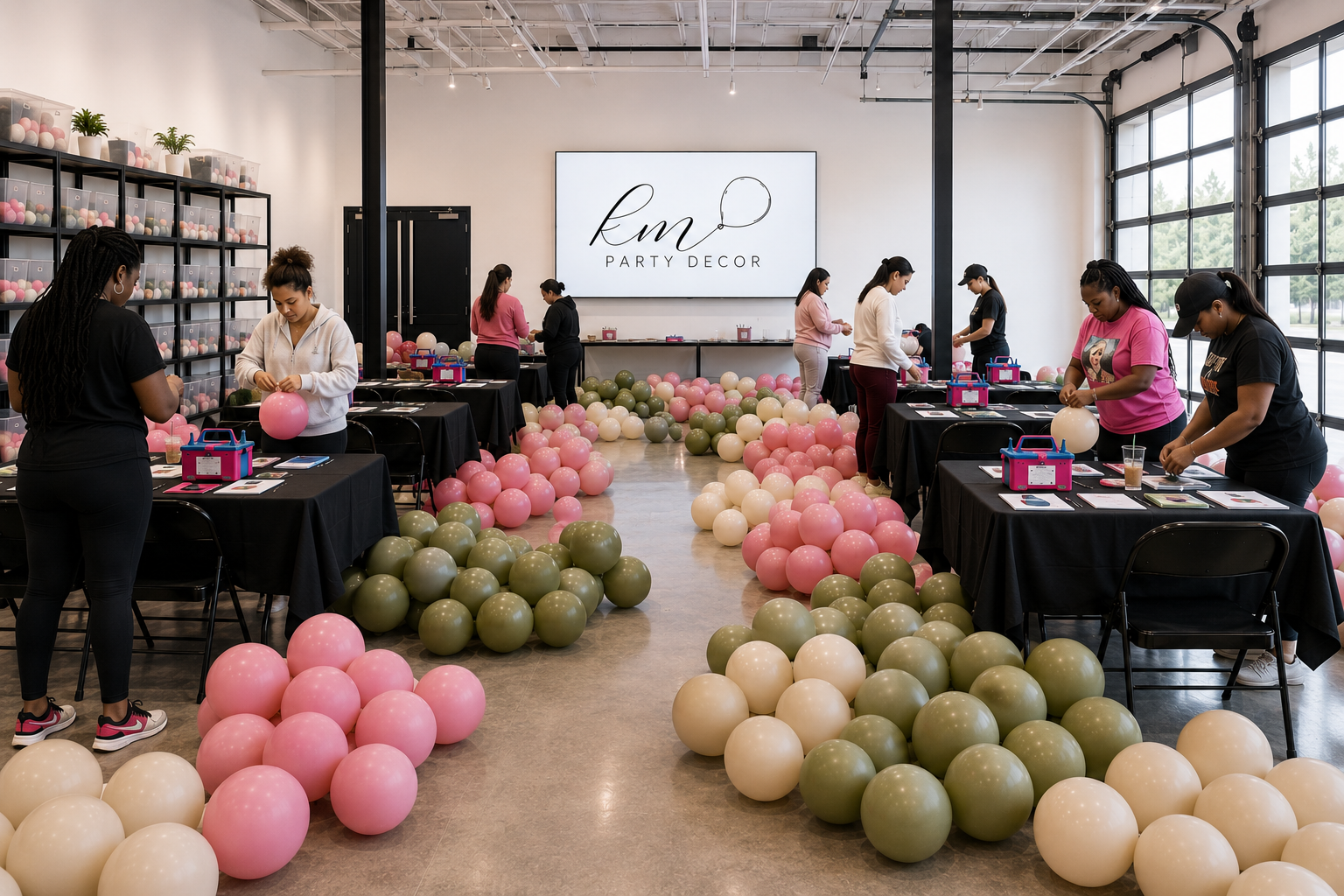 Women decorating balloons at a party decor workshop with pink, white, and green balloons in a spacious room with large windows and a digital sign that reads 'em PARTY DECOR' on the wall.