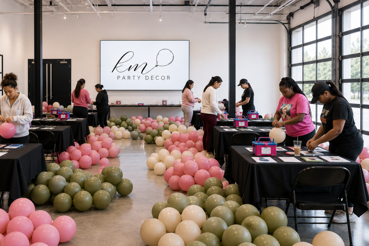 Women decorating tables for a party in a modern event space with large windows and a big screen that reads 'lm Party Decor'. Balloons in pink, white, and green are scattered on the floor and tables.