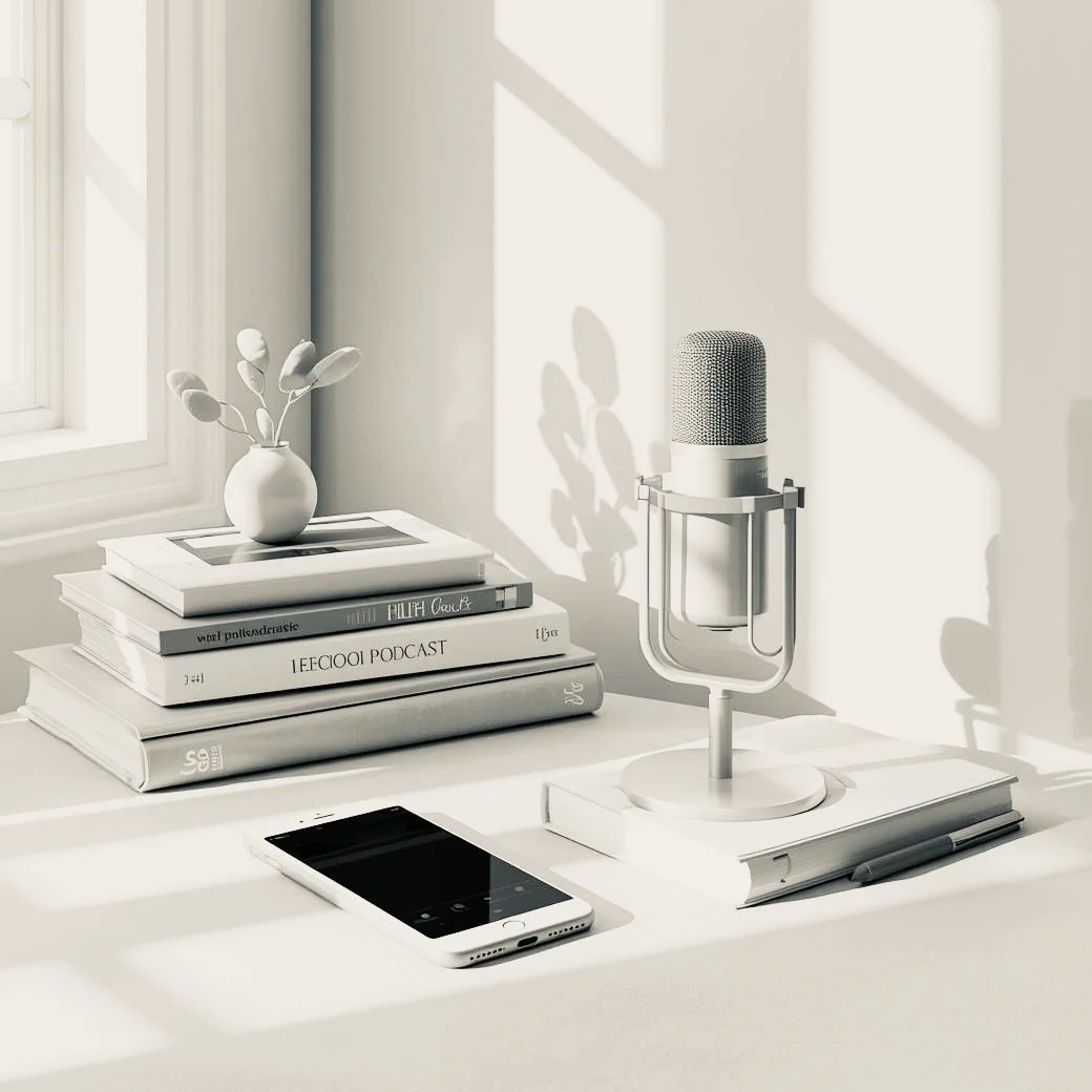 Mesa de escritorio con libro, teléfono móvil, micrófono, y una planta en una taza, todo en tonos blancos y grises, con sombra de plantas en la pared y luz natural entrando por la ventana.