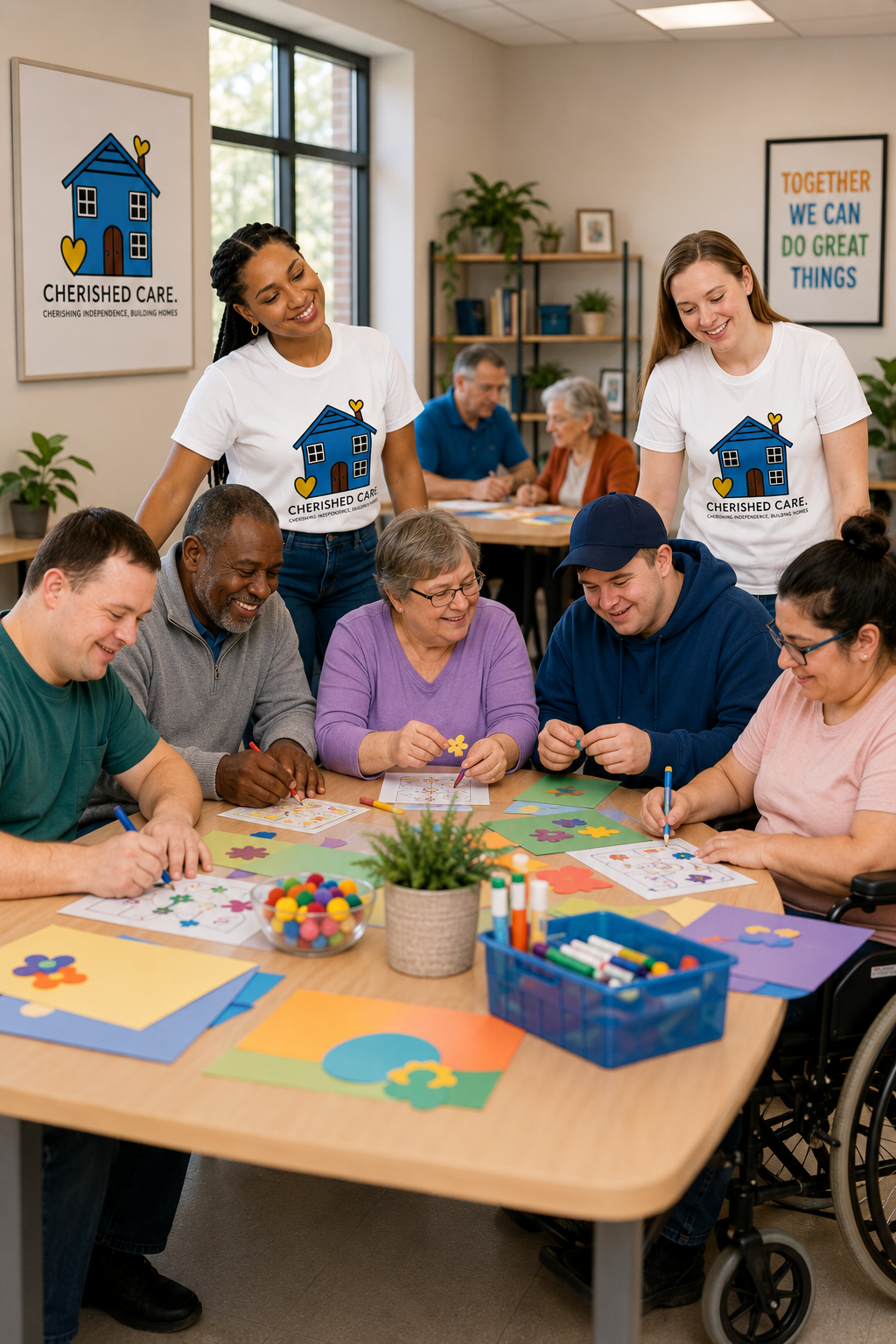 People participating in a craft activity at a community center, with caregivers and seniors working together on colorful paper projects, and volunteers facilitating the activity, inside a well-lit room with community posters on the wall.