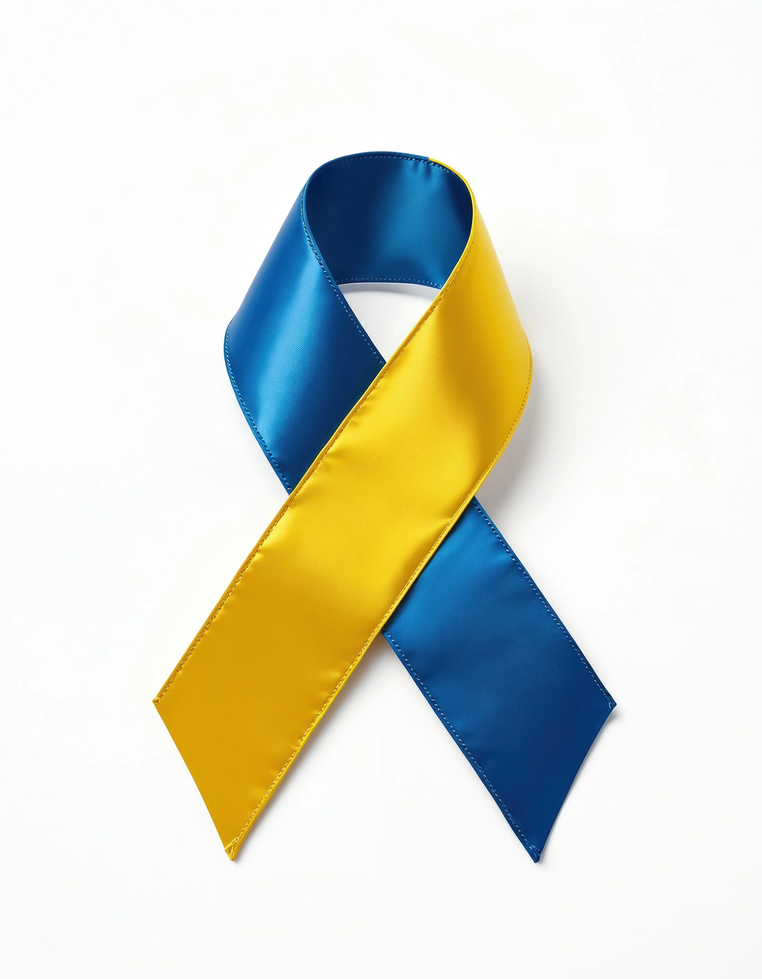 Close-up of a looped blue and yellow leather ribbon on a white background.