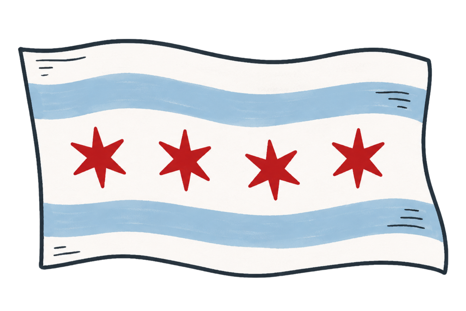 An illustration of the Chicago flag: two light blue stripes and four red six-pointed stars