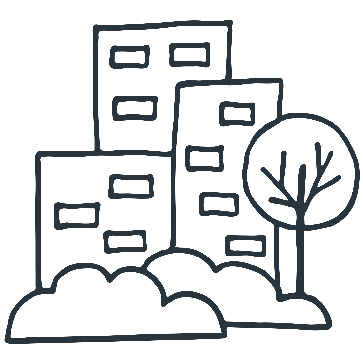 Drawing of three overlapping apartment buildings, with two bushes and a tree out front.