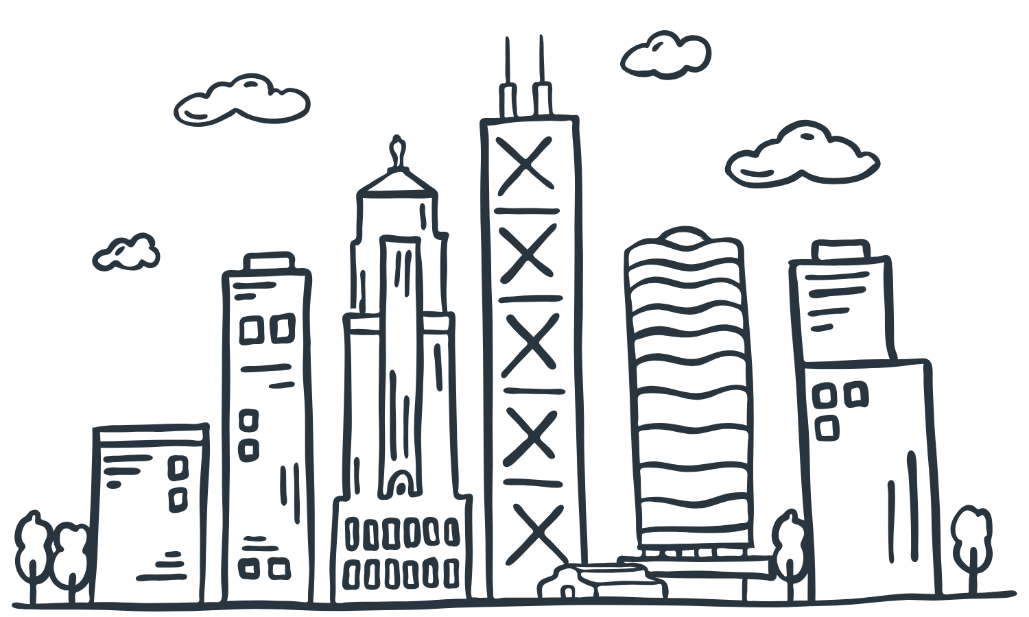 A drawing of buildings in the Chicago skyline, along with a few clouds in the sky and trees on the ground.